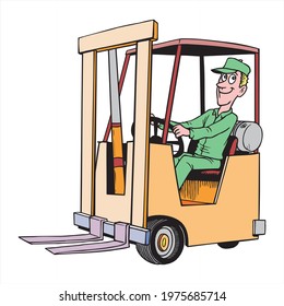 Worker driving fork lift in green uniform