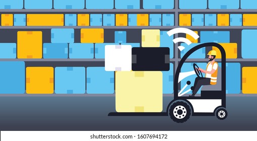 worker driving forklift with boxes on pallet 5G online wireless connection concept warehouse interior fifth innovative generation of internet full length horizontal vector illustration