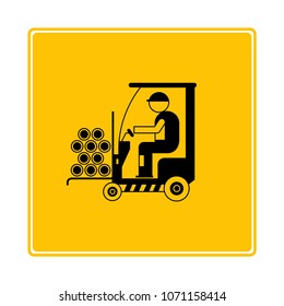 worker driving forklift icon in yellow background