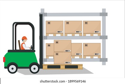 Worker driving a forklift loaded with pallets of boxes. Isolated white background.