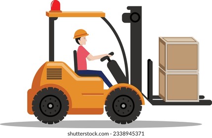 Worker driving a forklift with wooden boxes.