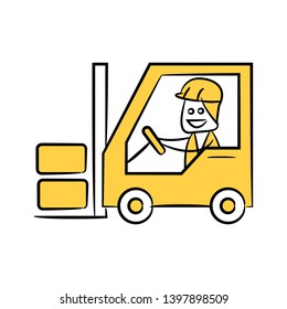 worker driving forklift yellow doodle design