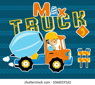 A worker driving mixer concrete truck. Construction element. Vector cartoon illustration