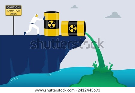 Worker dump radioactive waste into the sea, hazardous waste water pollution, global concern for human and environment health, harmful material contamination