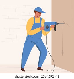 Worker during wall penetration with power drill. Repairman during electrical renovation. Hand drawn vector illustration.