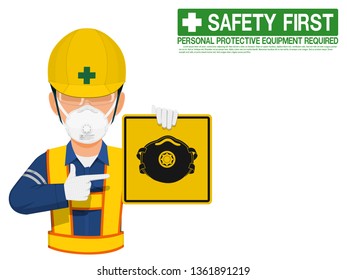 A worker with dust mask is presenting dust mask sign