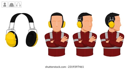 worker with earmuffs on white background