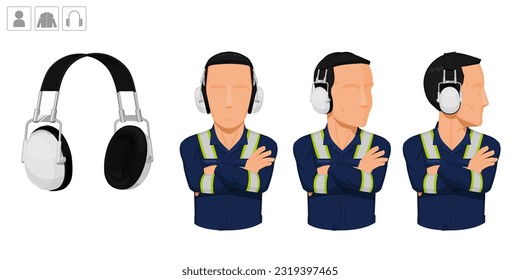 worker with earmuffs on white background