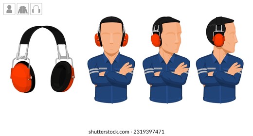 worker with earmuffs on white background