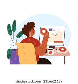 Worker eating donut at workplace. Vector cartoon illustration of worker having food break during workday. Flat clipart of freelance employee having lunch or dinner at desk. Office nutrition. Meal