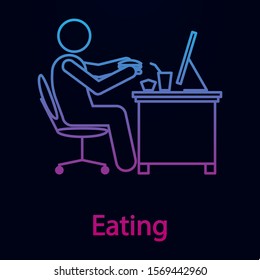 Worker is eating nolan icon. Simple thin line, outline vector of man in the office in fron of computer icons for ui and ux, website or mobile application