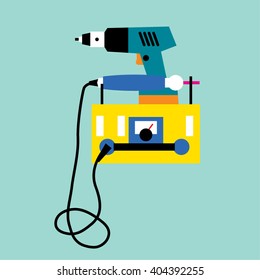 Worker Electric drill illustration. 