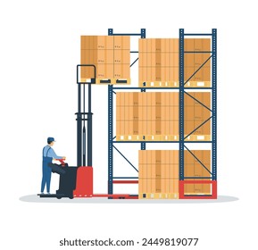 Paleta elevadora de horquilla de trabajo y eléctrica en el estante del almacén. Ilustración vectorial.