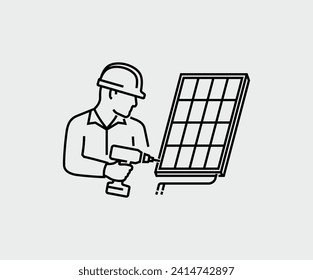 Worker Electrician Installing Solar Cell Panel Vector Line Icon	