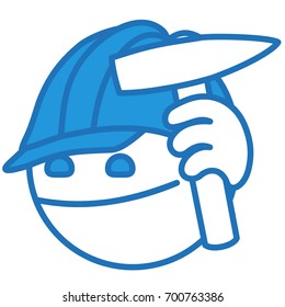 worker emoji wearing a safety work helmet and holding a hammer in his hand, simplistic facial expression vector illustration, circle or ball shaped cartoon character, eps 10