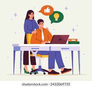 Trabajador con apoyo emocional. Mujer abrazando al hombre entre la computadora portátil. Buenas relaciones entre colegas y socios. Buen ambiente en equipo. Ilustración plana del vector de la historieta aislada en fondo beige