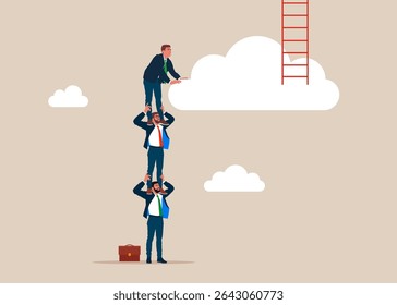 Trabalhador empregado segurando um ao outro em seus ombros. Empresário procurar uma escada para a nuvem. Escala de sucesso para oportunidade de negócios. Conceito de negócios uma escada Corporação de sucesso. Vetor.
