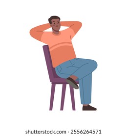 Worker or employee stretching on chair trying to relax. Vector flat cartoon character, isolated relaxed or rested personage holding hands on head. Resting or calming down man with sad face