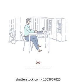 Worker, employee at workplace, boss in private office, editor, teacher, writer using laptop, remote job banner template