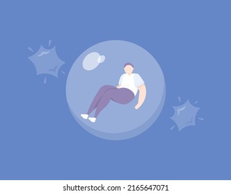 a worker or employee is worried that he will be fired. a man is in a bubble. bubble burst. fear of being laid off from work. cartoon concept illustration. vector design elements. for banners, posters