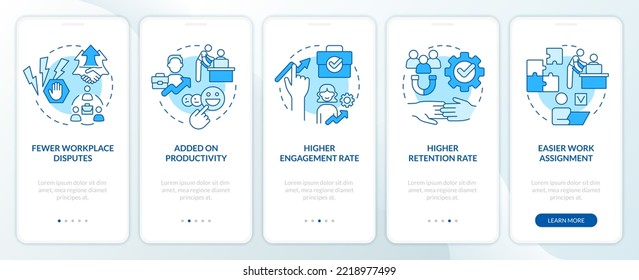 Worker employer relations benefits blue onboarding mobile app screen. Walkthrough 5 steps editable graphic instructions with linear concepts. UI, UX, GUI template. Myriad Pro-Bold, Regular fonts used