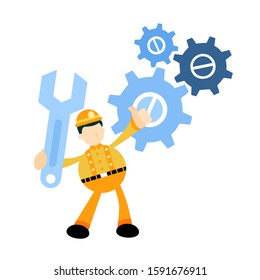Worker engineer people man fix cog wheel gear system solution cartoon doodle flat design style vector illustration