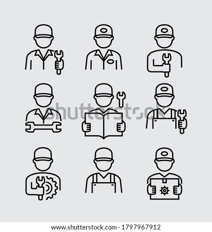 Worker Engineer Technician Mechanic Avatar Vector Line Icons	