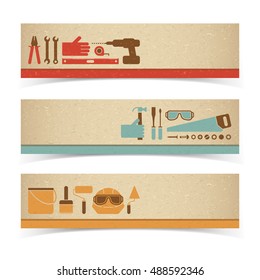 Worker equipment and tools flat horizontal banners set isolated vector illustration