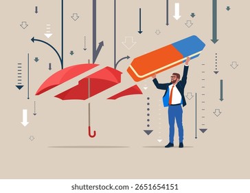 Worker with eraser removed umbrella. Modern vector illustration in flat style. 