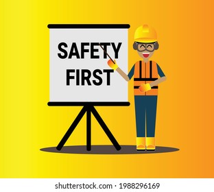 Worker explaining the first safety sign, vector illustration, Safety, and accidents, industrial safety cartoon