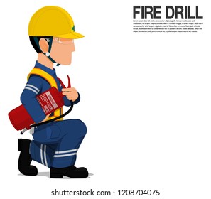 A worker  with the extinguisher is sitting on transparent background