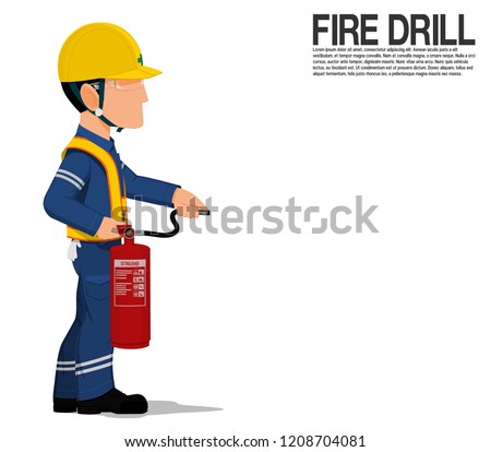 A worker  with the extinguisher is standing on transparent background