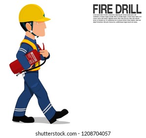 A worker  with the extinguisher is walking on transparent background