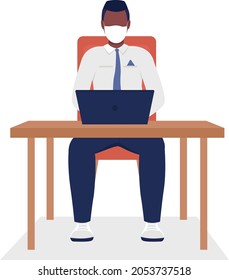 Worker with face mask semi flat color vector character. Sitting figure. Full body person on white. After covid isolated modern cartoon style illustration for graphic design and animation