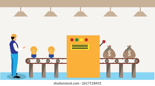 Worker at a Factory Conveyor Belt Checking Money Production Process. People at work, industry and economy concept vector art