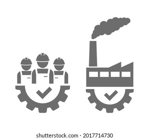 worker and factory in gear cogwheel with check mark icon isolated on white background