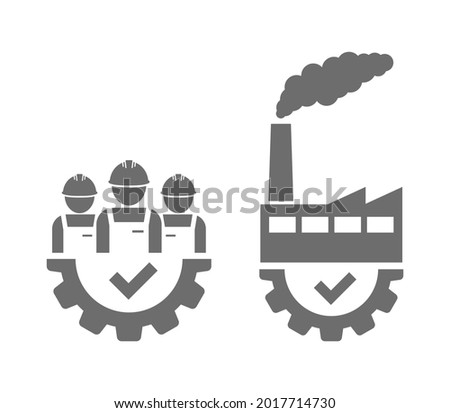 worker and factory in gear cogwheel with check mark icon isolated on white background