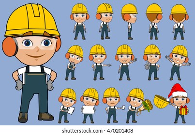 Worker factory vector cartoon character male using individual protection equipment PPE and jeans overall in several poses including rotate 180 - all body parts and objects isolated