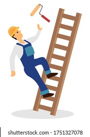 Worker falling from ladder. Workplace accident or construction safety concept. Flat cartoon character vector isolated on a white background.