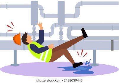 Worker falling on wet floor inside pipe installation room vector illustration, petrochemical industry, worker slips on oil in pipe room inside gas refinery plant