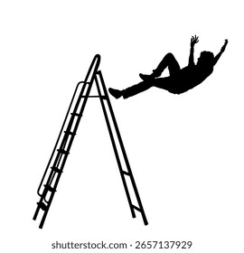 Arbeiter fällt von Leiter Vektor Silhouette Illustration. Arbeitsunfall. Arbeiter fallen aus der Höhe auf den Boden. Handy Mann rutschte auf einer Stufe während der Hausrenovierung. Stelle in der Versicherung für verletzte Jungen.