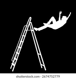 El trabajador cae de la ilustración de la silueta del Vector de la escalera. Accidente de lesiones de trabajo. Los trabajadores caen de una altura al suelo. Hombre práctico se deslizó en un escalón durante la renovación de la casa. Trabajo de seguro para niños heridos.