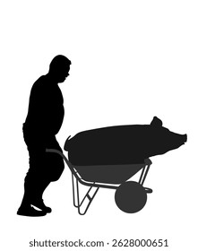 Worker farmer with pig in wheelbarrow vector silhouette illustration. Man carrying loader with boar. Transportation carrying cart. Farm laborer domestic animal transport. Villager pushing cart man.