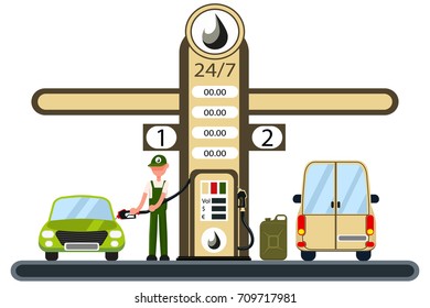 Worker is filling the car at the gas station. Flat vector illustration