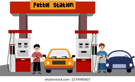 Worker filling car. Man refilling car with petrol. Funny smiling cartoon character. Man in work gas station uniform pouring tank of car driver, petrol gasoline pump fuel transportation oil refuel 