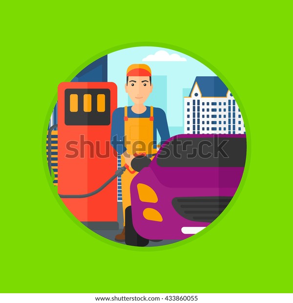 A\
worker filling up fuel into the car. Worker in workwear at the gas\
station. Gas station worker refueling a car. Vector flat design\
illustration in the circle isolated on\
background.