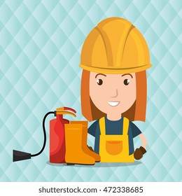 worker with fire extinguisher and boots vector illustration design
