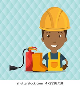 worker with fire extinguisher and boots vector illustration design