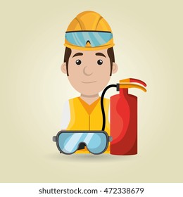 worker with fire extinguisher and glasses vector illustration design