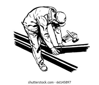 Worker Fitting Pipes - Retro Clipart Illustration